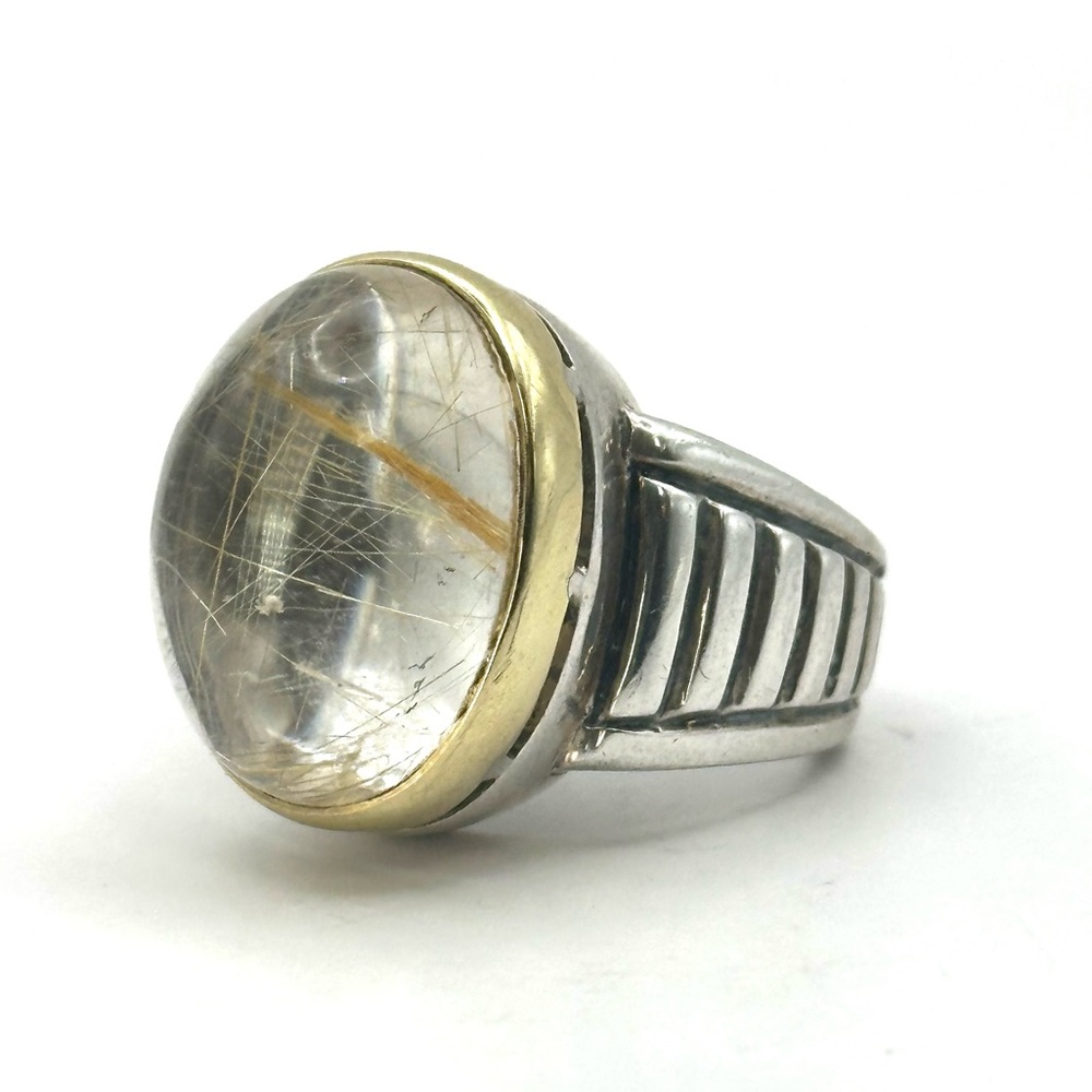 Lagos Vintage Caviar Rutilated Quartz Cabochon , Silver & 18 Kt Gold Ring Size 7